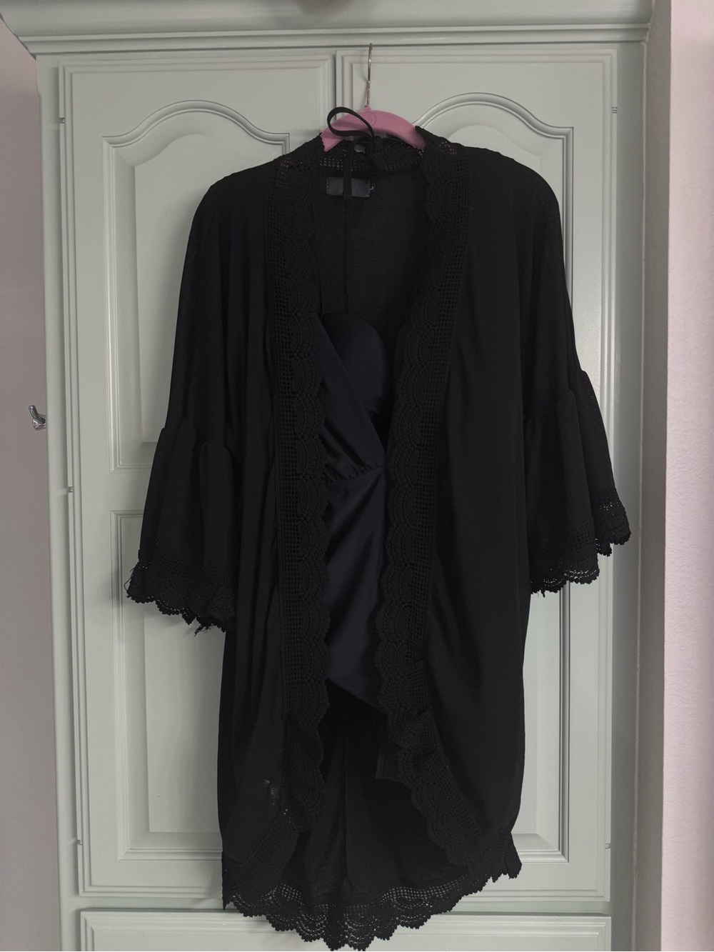 Black Crochet-Trim Kimono Cardigan